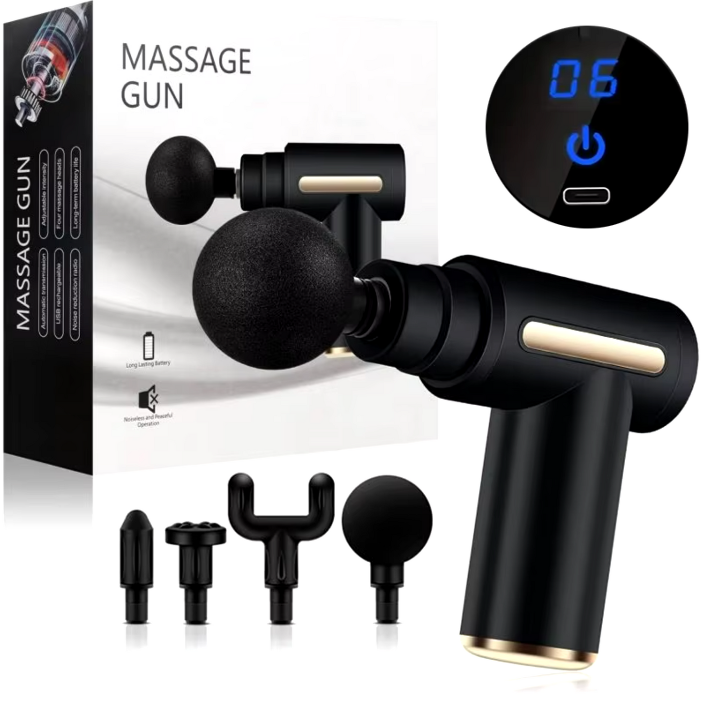 Portable Deep Tissue Percussion Massage Gun – Quiet Handheld Massager with 4 Heads for Full-Body Use