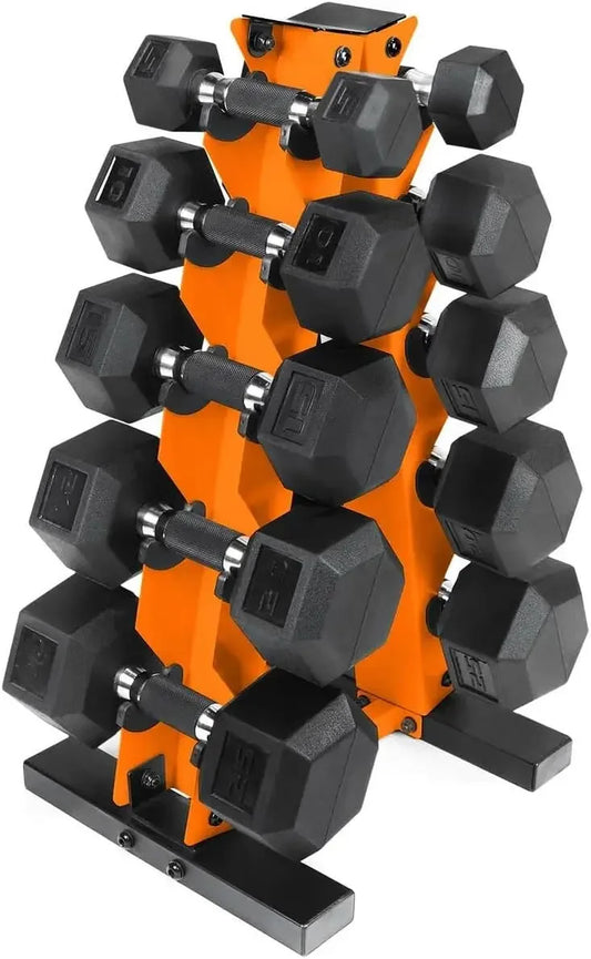 Rubber Grip Hex Dumbbell Set with A-Frame Rack, 5-25 lb Weights for Strength Training